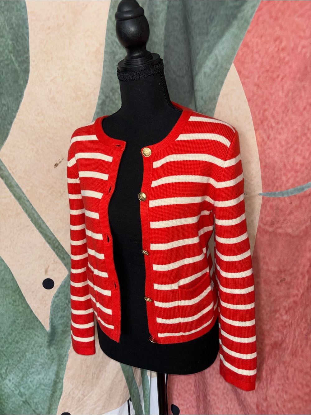 J. Crew Red and Cream Striped Crewneck Cardigan